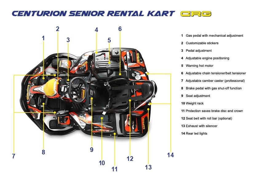 Breakdown of controls CRG Rental Kart - New - "Centurion Senior" Honda GX Petrol powered Adult Kart
