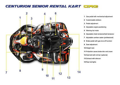 Breakdown of controls CRG Rental Kart - New - "Centurion Senior" Honda GX Petrol powered Adult Kart