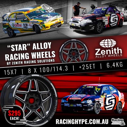 Poster style showing 15x7.0 ALLOY RIM - 'CIRCUIT STAR' - by Zenith Alloy Wheels - The Superior wheel for Aust. Excel & Pulsar Racing Series
